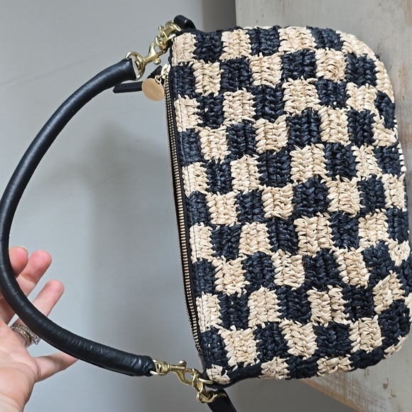 Clare V. Petit Moyen Leather Messenger Bag - Black/Natural Checker Raffia - Picture 5 of 15